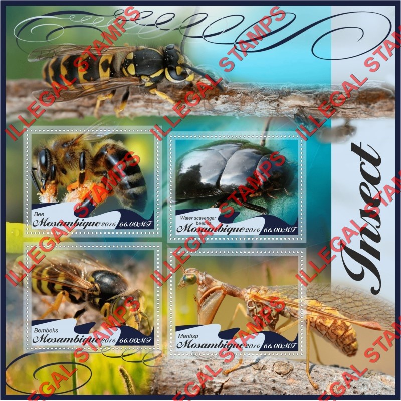 Mozambique 2016 Insects Counterfeit Illegal Stamp Souvenir Sheet of 4 Mozambique 2016 Insects Counterfeit Illegal Stamp Souvenir Sheet of 4