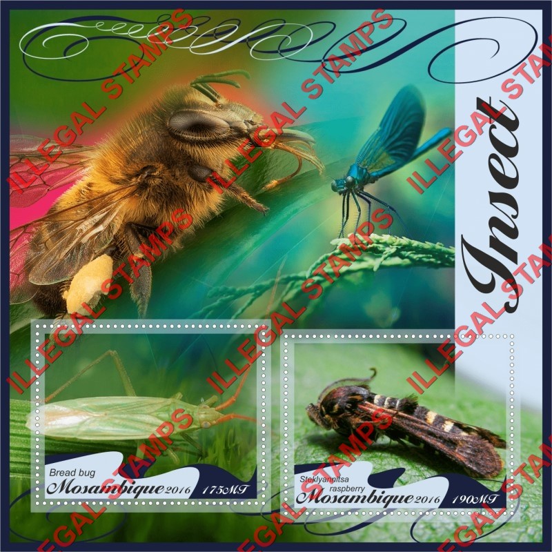 Mozambique 2016 Insects Counterfeit Illegal Stamp Souvenir Sheet of 2 Mozambique 2016 Insects Counterfeit Illegal Stamp Souvenir Sheet of 2