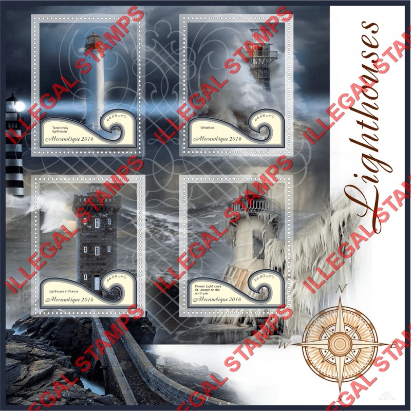 Mozambique 2016 Lighthouses Counterfeit Illegal Stamp Souvenir Sheet of 4 Mozambique 2016 Lighthouses Counterfeit Illegal Stamp Souvenir Sheet of 4