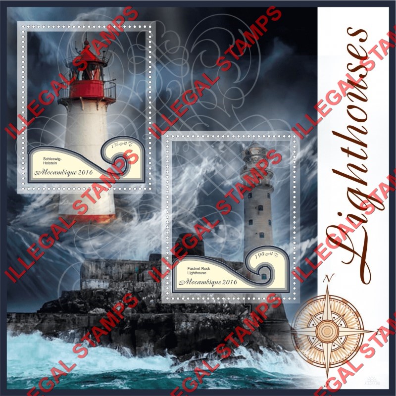 Mozambique 2016 Lighthouses Counterfeit Illegal Stamp Souvenir Sheet of 2 Mozambique 2016 Lighthouses Counterfeit Illegal Stamp Souvenir Sheet of 2