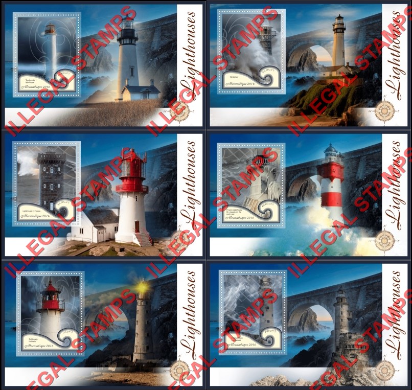 Mozambique 2016 Lighthouses Counterfeit Illegal Stamp Souvenir Sheets of 1 Mozambique 2016 Lighthouses Counterfeit Illegal Stamp Souvenir Sheets of 1