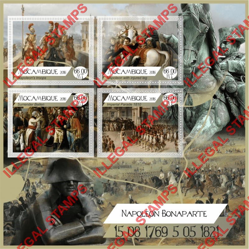 Mozambique 2016 Napoleon Bonaparte Counterfeit Illegal Stamp Souvenir Sheet of 4 Mozambique 2016 Napoleon Bonaparte Counterfeit Illegal Stamp Souvenir Sheet of 4