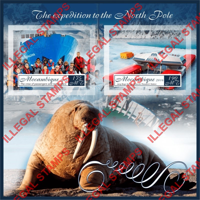 Mozambique 2016 North Pole Expedition Counterfeit Illegal Stamp Souvenir Sheet of 2 Mozambique 2016 North Pole Expedition Counterfeit Illegal Stamp Souvenir Sheet of 2