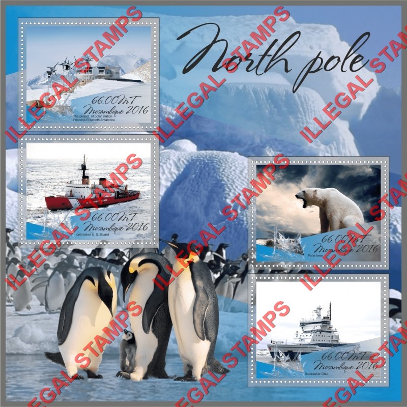 Mozambique 2016 North Pole Counterfeit Illegal Stamp Souvenir Sheet of 4 Mozambique 2016 North Pole Counterfeit Illegal Stamp Souvenir Sheet of 4
