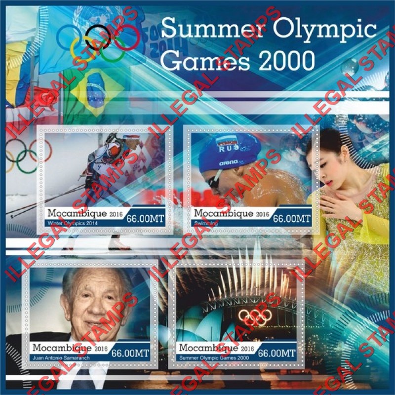 Mozambique 2016 Olympic Games 2000 Counterfeit Illegal Stamp Souvenir Sheet of 4 Mozambique 2016 Olympic Games 2000 Counterfeit Illegal Stamp Souvenir Sheet of 4