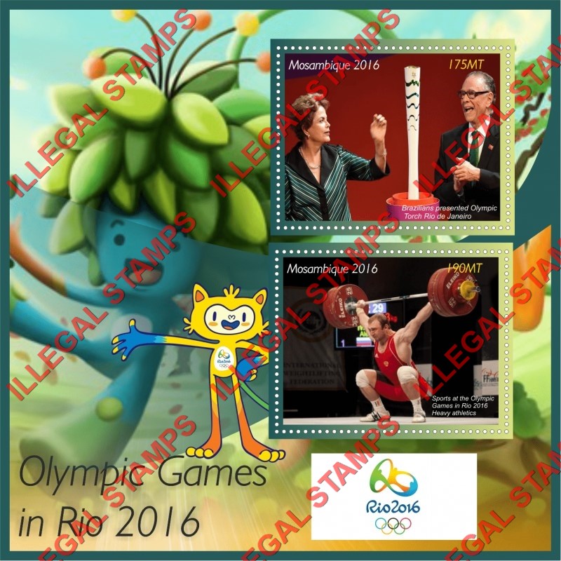 Mozambique 2016 Olympic Games in Rio (different) Counterfeit Illegal Stamp Souvenir Sheet of 2 Mozambique 2016 Olympic Games in Rio (different) Counterfeit Illegal Stamp Souvenir Sheet of 2