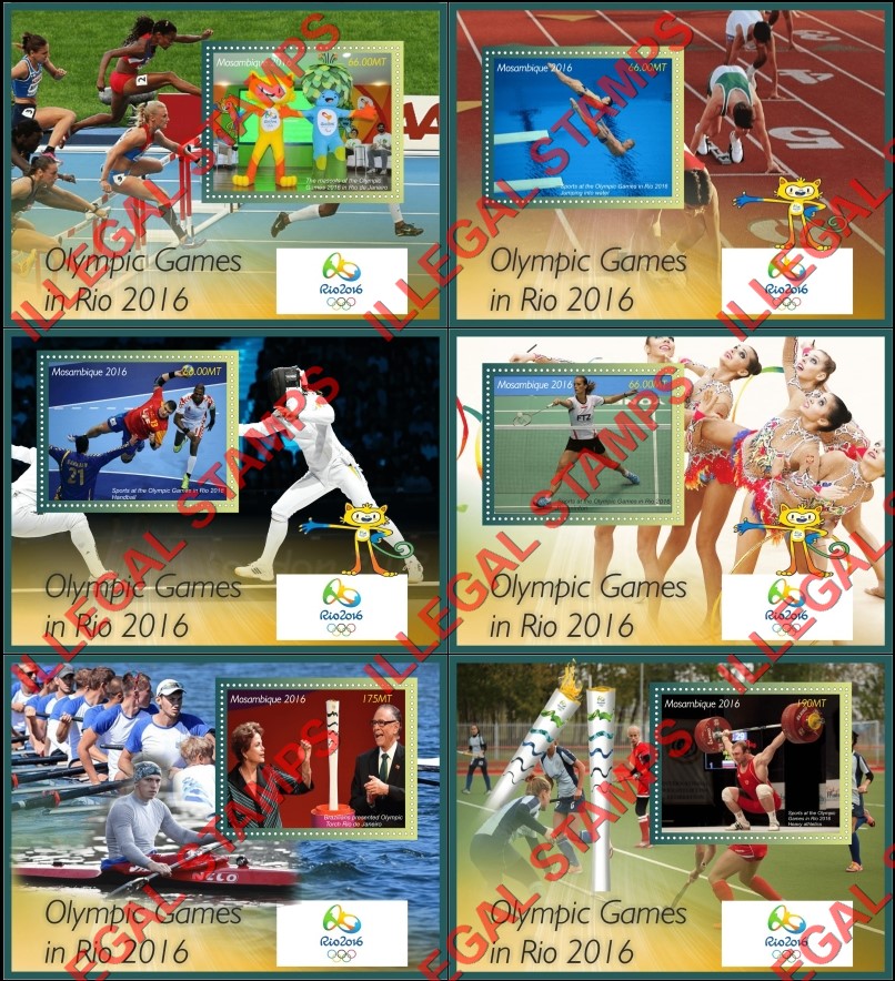 Mozambique 2016 Olympic Games in Rio (different) Counterfeit Illegal Stamp Souvenir Sheets of 1 Mozambique 2016 Olympic Games in Rio (different) Counterfeit Illegal Stamp Souvenir Sheets of 1