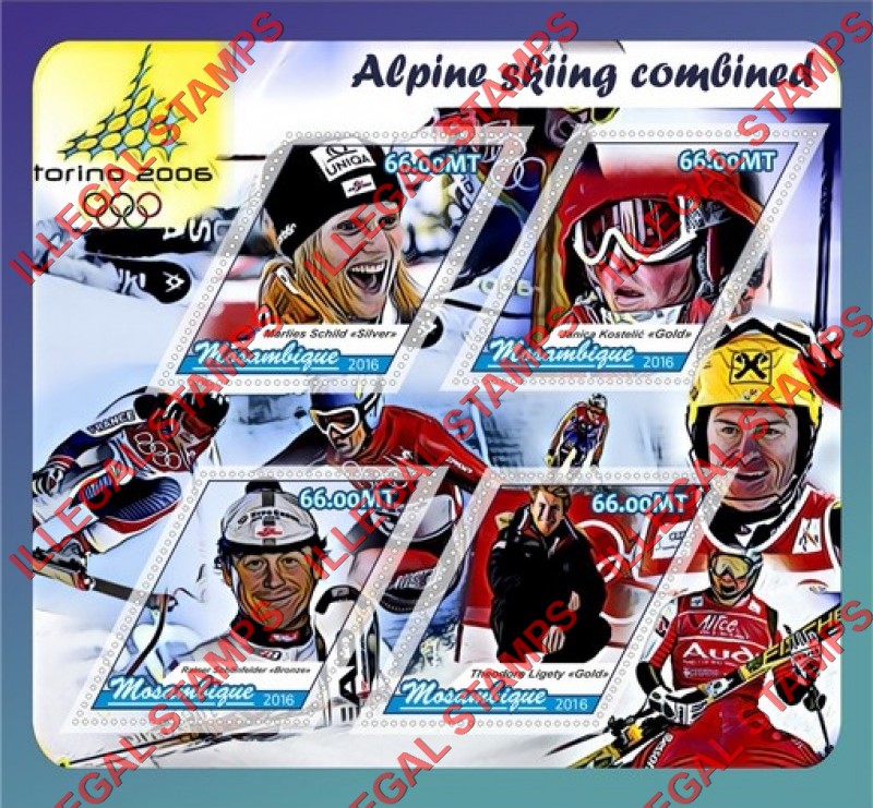 Mozambique 2016 Olympic Games in Torino in 2006 Alpine Skiing Counterfeit Illegal Stamp Souvenir Sheet of 4 Mozambique 2016 Olympic Games in Torino in 2006 Alpine Skiing Counterfeit Illegal Stamp Souvenir Sheet of 4