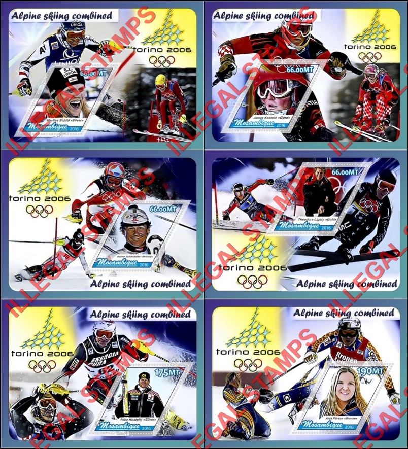 Mozambique 2016 Olympic Games in Torino in 2006 Alpine Skiing Counterfeit Illegal Stamp Souvenir Sheets of 1 Mozambique 2016 Olympic Games in Torino in 2006 Alpine Skiing Counterfeit Illegal Stamp Souvenir Sheets of 1