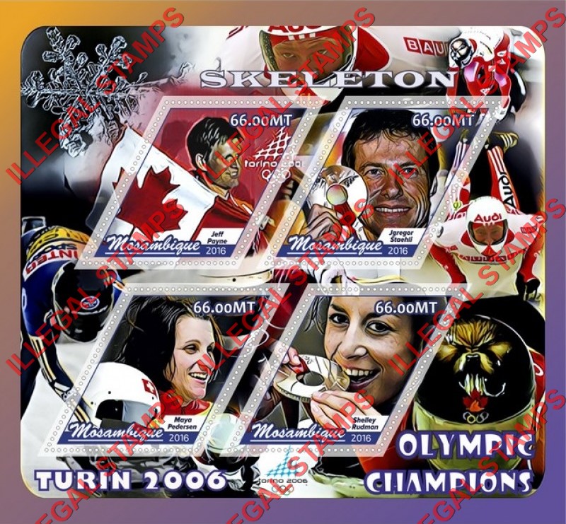 Mozambique 2016 Olympic Games in Turin in 2006 Skeleton Champions Counterfeit Illegal Stamp Souvenir Sheet of 4 Mozambique 2016 Olympic Games in Turin in 2006 Skeleton Champions Counterfeit Illegal Stamp Souvenir Sheet of 4