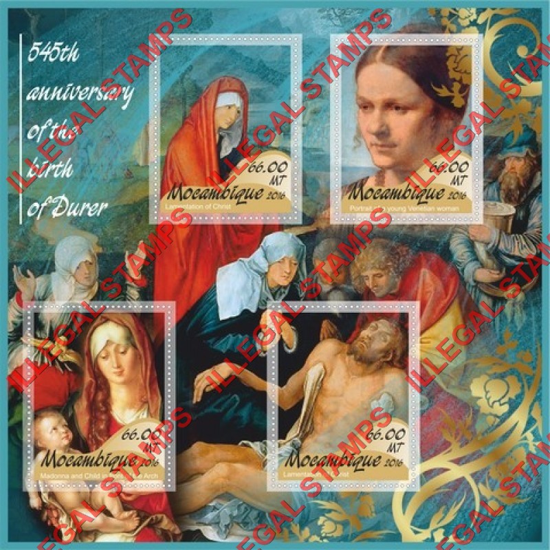 Mozambique 2016 Paintings by Albrecht Durer Counterfeit Illegal Stamp Souvenir Sheet of 4 Mozambique 2016 Paintings by Albrecht Durer Counterfeit Illegal Stamp Souvenir Sheet of 4