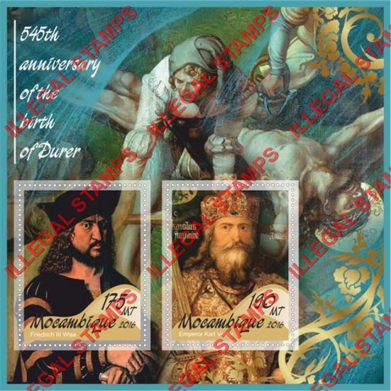 Mozambique 2016 Paintings by Albrecht Durer Counterfeit Illegal Stamp Souvenir Sheet of 2 Mozambique 2016 Paintings by Albrecht Durer Counterfeit Illegal Stamp Souvenir Sheet of 2