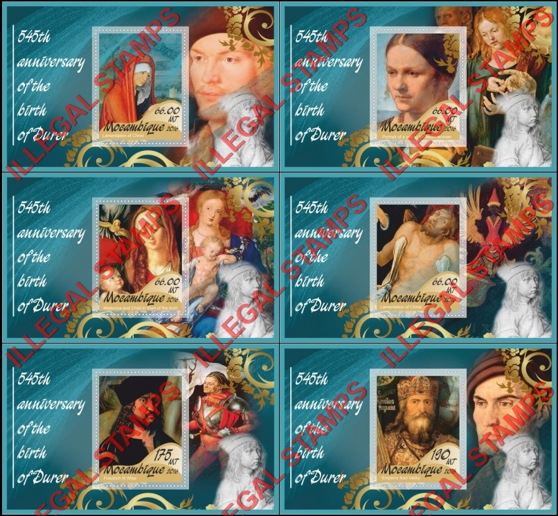 Mozambique 2016 Paintings by Albrecht Durer Counterfeit Illegal Stamp Souvenir Sheets of 1 Mozambique 2016 Paintings by Albrecht Durer Counterfeit Illegal Stamp Souvenir Sheets of 1