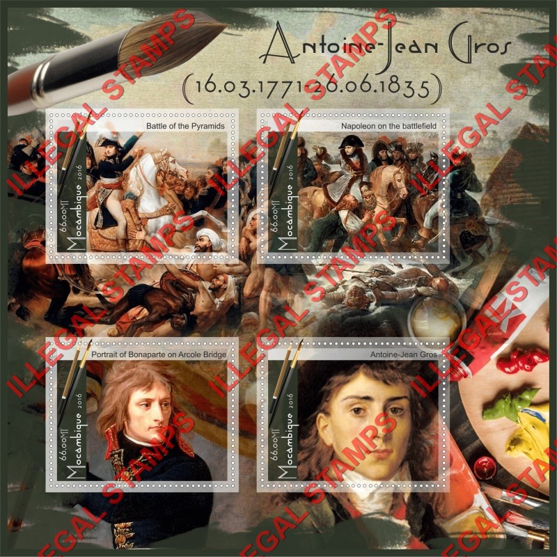 Mozambique 2016 Paintings by Antoine-Jean Gros Counterfeit Illegal Stamp Souvenir Sheet of 4 Mozambique 2016 Paintings by Antoine-Jean Gros Counterfeit Illegal Stamp Souvenir Sheet of 4