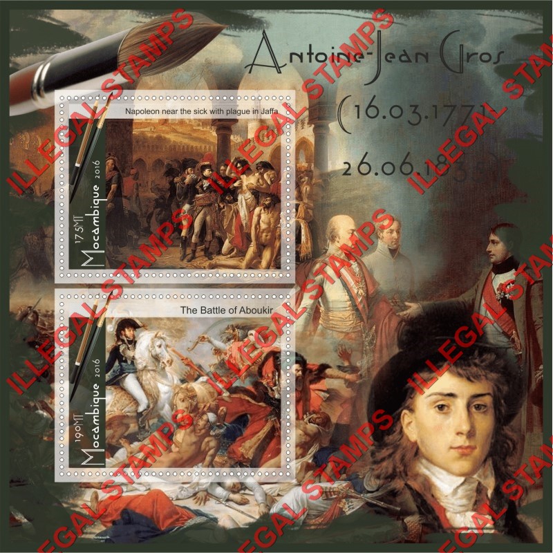 Mozambique 2016 Paintings by Antoine-Jean Gros Counterfeit Illegal Stamp Souvenir Sheet of 2 Mozambique 2016 Paintings by Antoine-Jean Gros Counterfeit Illegal Stamp Souvenir Sheet of 2