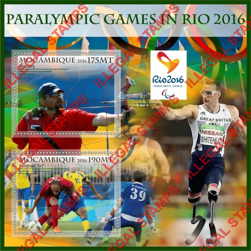 Mozambique 2016 Paralympic Games in Rio Counterfeit Illegal Stamp Souvenir Sheet of 2 Mozambique 2016 Paralympic Games in Rio Counterfeit Illegal Stamp Souvenir Sheet of 2
