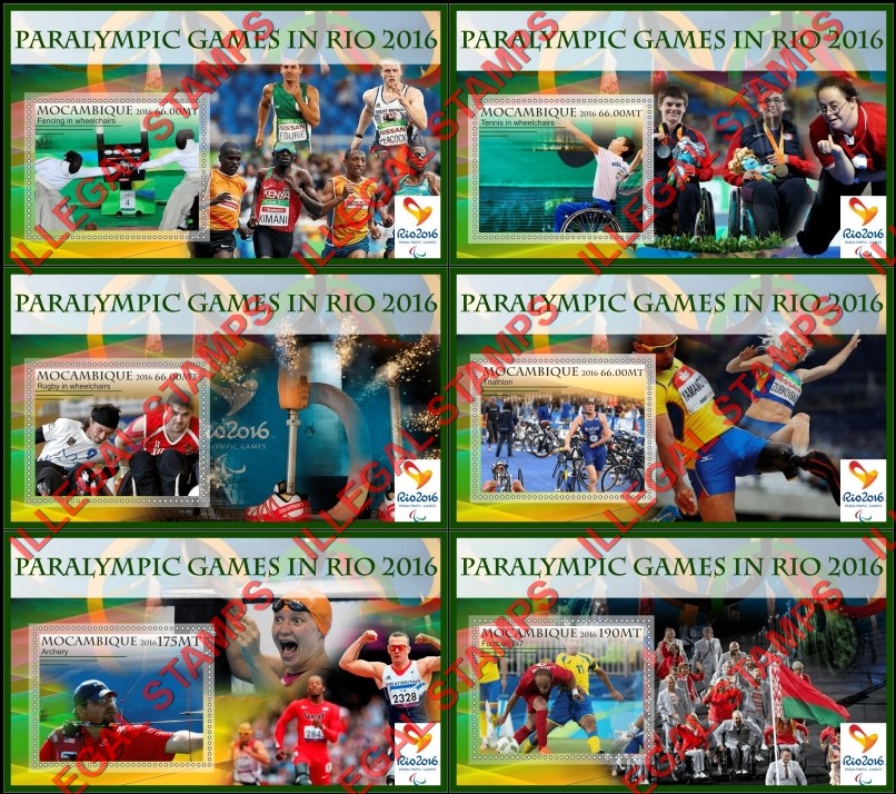 Mozambique 2016 Paralympic Games in Rio Counterfeit Illegal Stamp Souvenir Sheets of 1 Mozambique 2016 Paralympic Games in Rio Counterfeit Illegal Stamp Souvenir Sheets of 1