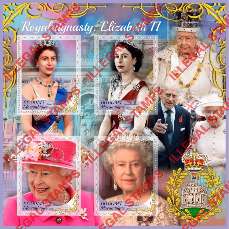 Mozambique 2016 Queen Elizabeth II Royal Dynasty Counterfeit Illegal Stamp Souvenir Sheet of 4 Mozambique 2016 Queen Elizabeth II Royal Dynasty Counterfeit Illegal Stamp Souvenir Sheet of 4