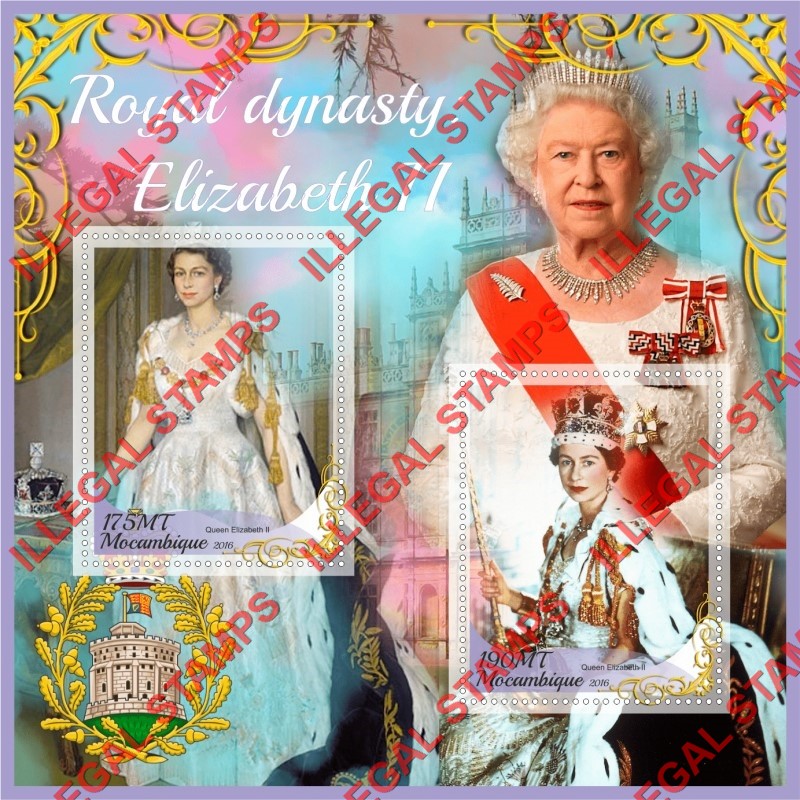 Mozambique 2016 Queen Elizabeth II Royal Dynasty Counterfeit Illegal Stamp Souvenir Sheet of 2 Mozambique 2016 Queen Elizabeth II Royal Dynasty Counterfeit Illegal Stamp Souvenir Sheet of 2