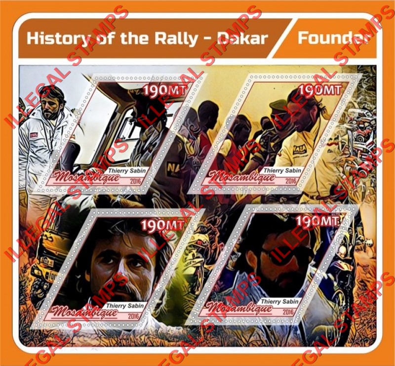 Mozambique 2016 Rally History Dakar Thierry Sabin Founder Counterfeit Illegal Stamp Souvenir Sheet of 4 Mozambique 2016 Rally History Dakar Thierry Sabin Founder Counterfeit Illegal Stamp Souvenir Sheet of 4