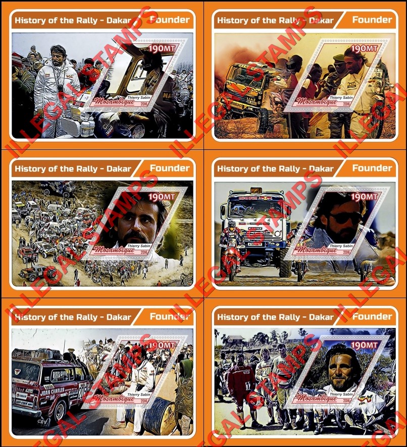 Mozambique 2016 Rally History Dakar Thierry Sabin Founder Counterfeit Illegal Stamp Souvenir Sheets of 1 Mozambique 2016 Rally History Dakar Thierry Sabin Founder Counterfeit Illegal Stamp Souvenir Sheets of 1