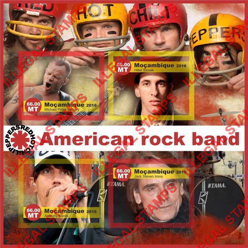 Mozambique 2016 Red Hot Chili Peppers Rock Band Counterfeit Illegal Stamp Souvenir Sheet of 4 Mozambique 2016 Red Hot Chili Peppers Rock Band Counterfeit Illegal Stamp Souvenir Sheet of 4