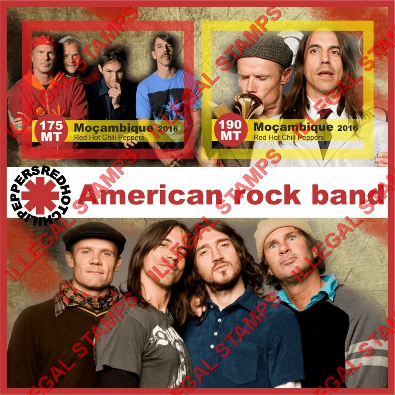 Mozambique 2016 Red Hot Chili Peppers Rock Band Counterfeit Illegal Stamp Souvenir Sheet of 2 Mozambique 2016 Red Hot Chili Peppers Rock Band Counterfeit Illegal Stamp Souvenir Sheet of 2
