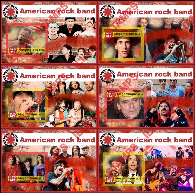 Mozambique 2016 Red Hot Chili Peppers Rock Band Counterfeit Illegal Stamp Souvenir Sheets of 1 Mozambique 2016 Red Hot Chili Peppers Rock Band Counterfeit Illegal Stamp Souvenir Sheets of 1