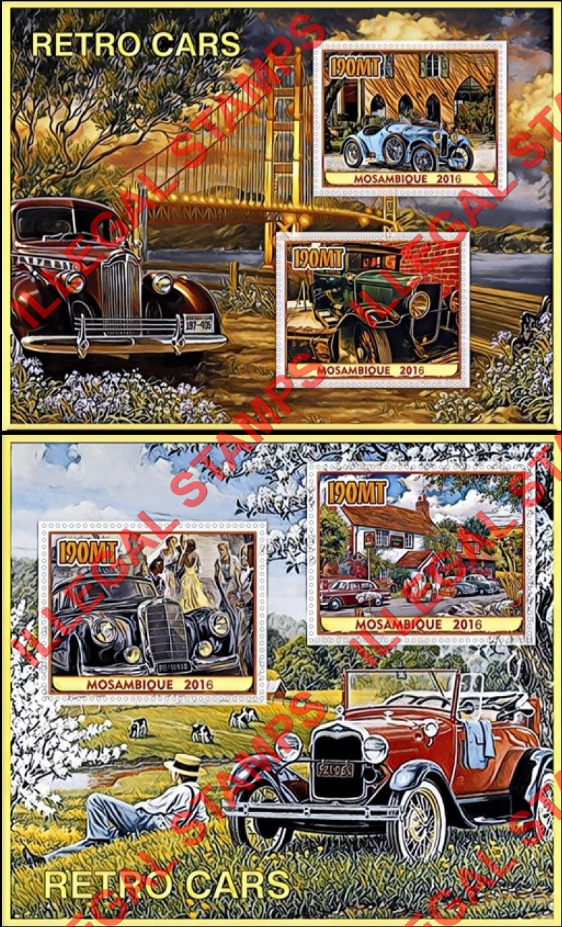 Mozambique 2016 Retro Cars Counterfeit Illegal Stamp Souvenir Sheets of 2 Mozambique 2016 Retro Cars Counterfeit Illegal Stamp Souvenir Sheets of 2