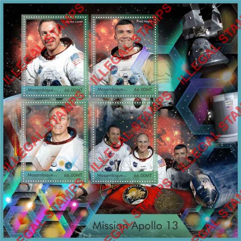 Mozambique 2016 Space Apollo 13 Astronauts Counterfeit Illegal Stamp Souvenir Sheet of 4 Mozambique 2016 Space Apollo 13 Astronauts Counterfeit Illegal Stamp Souvenir Sheet of 4