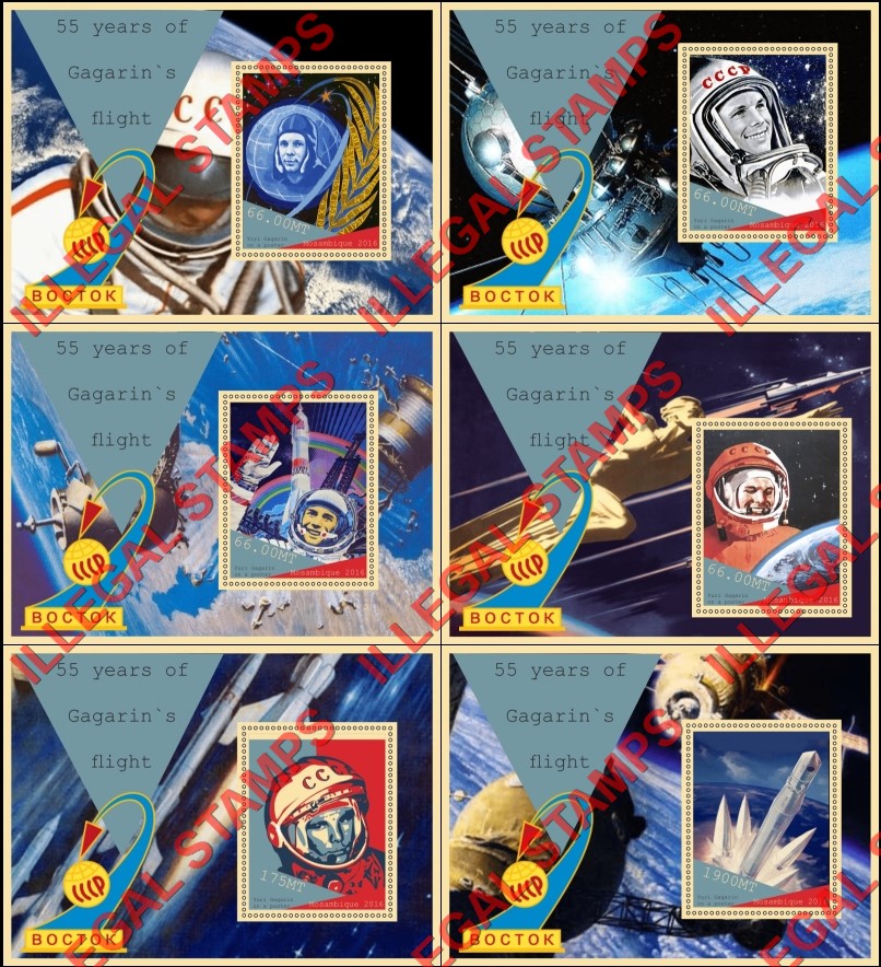 Mozambique 2016 Space Yuri Gagarin (different) Counterfeit Illegal Stamp Souvenir Sheets of 1 Mozambique 2016 Space Yuri Gagarin (different) Counterfeit Illegal Stamp Souvenir Sheets of 1