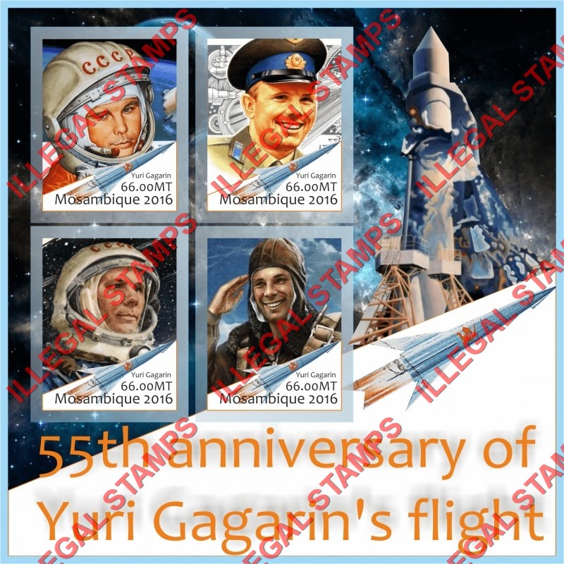 Mozambique 2016 Space Yuri Gagarin Counterfeit Illegal Stamp Souvenir Sheet of 4 Mozambique 2016 Space Yuri Gagarin Counterfeit Illegal Stamp Souvenir Sheet of 4