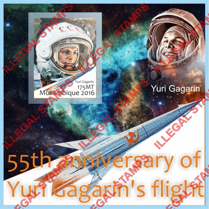 Mozambique 2016 Space Yuri Gagarin Counterfeit Illegal Stamp Souvenir Sheet of 1 Mozambique 2016 Space Yuri Gagarin Counterfeit Illegal Stamp Souvenir Sheet of 1