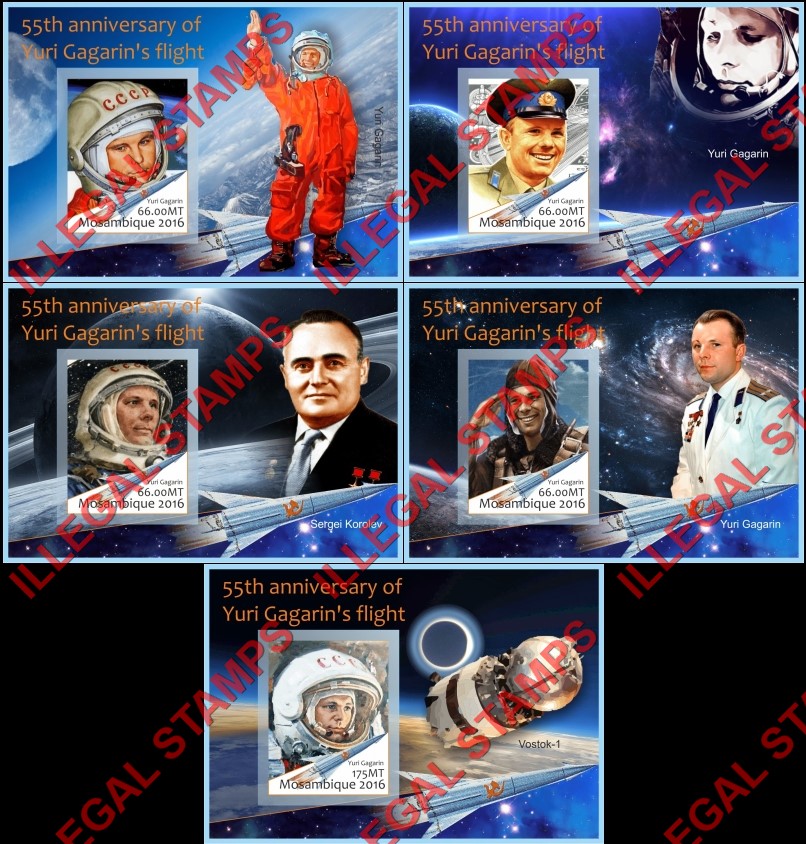 Mozambique 2016 Space Yuri Gagarin Counterfeit Illegal Stamp Souvenir Sheets of 1 Mozambique 2016 Space Yuri Gagarin Counterfeit Illegal Stamp Souvenir Sheets of 1