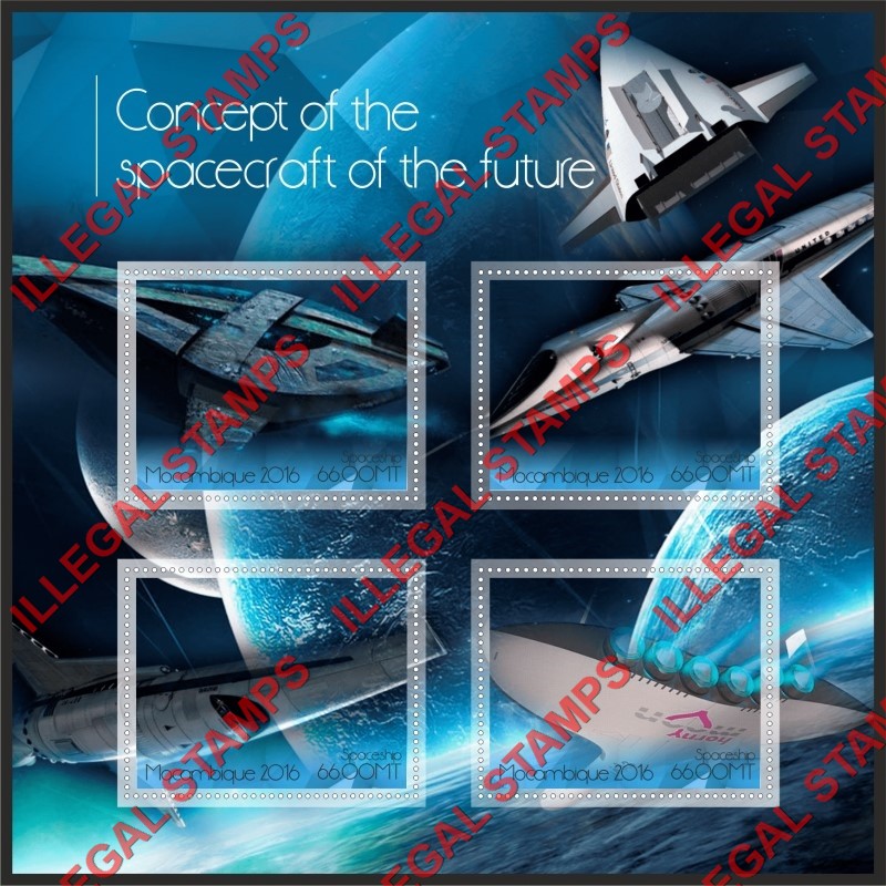 Mozambique 2016 Spacecraft of the Future Spaceship Counterfeit Illegal Stamp Souvenir Sheet of 4 Mozambique 2016 Spacecraft of the Future Spaceship Counterfeit Illegal Stamp Souvenir Sheet of 4