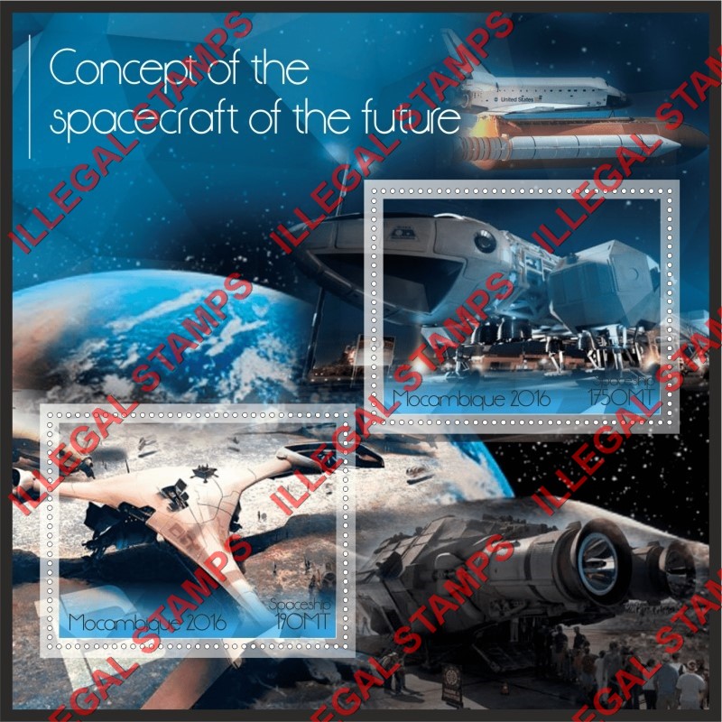 Mozambique 2016 Spacecraft of the Future Spaceship Counterfeit Illegal Stamp Souvenir Sheet of 1 Mozambique 2016 Spacecraft of the Future Spaceship Counterfeit Illegal Stamp Souvenir Sheet of 1