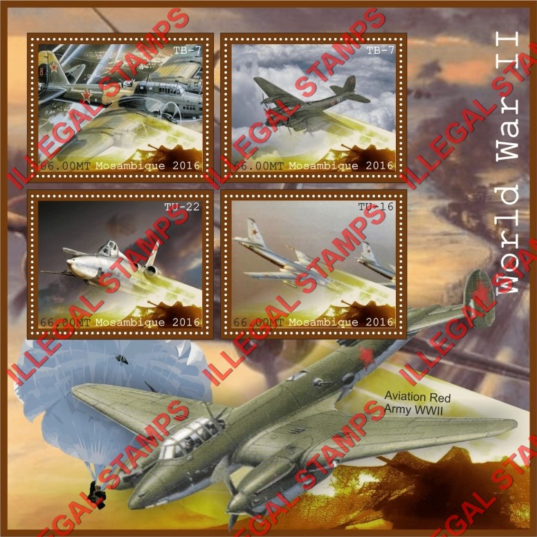 Mozambique 2016 World War II Aircraft (different) Counterfeit Illegal Stamp Souvenir Sheet of 4 Mozambique 2016 World War II Aircraft (different) Counterfeit Illegal Stamp Souvenir Sheet of 4