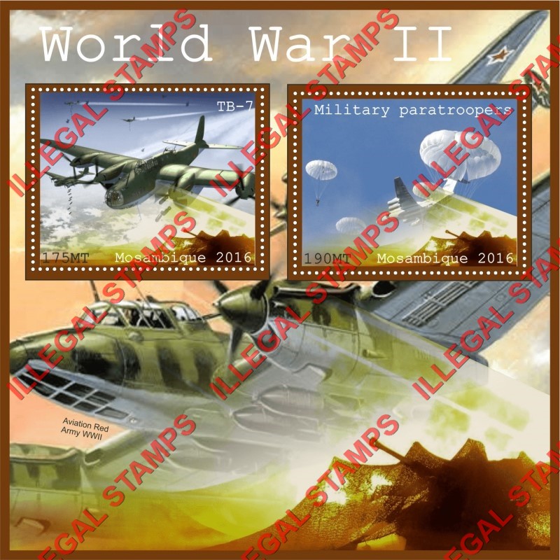 Mozambique 2016 World War II Aircraft (different) Counterfeit Illegal Stamp Souvenir Sheet of 1 Mozambique 2016 World War II Aircraft (different) Counterfeit Illegal Stamp Souvenir Sheet of 1