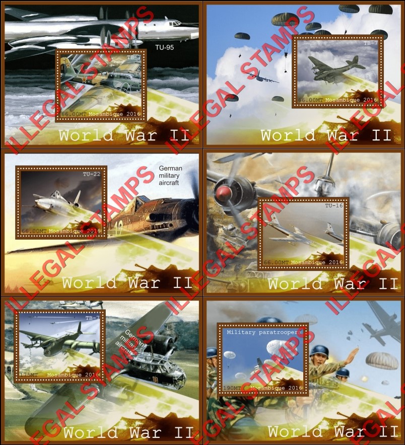 Mozambique 2016 World War II Aircraft (different) Counterfeit Illegal Stamp Souvenir Sheets of 1 Mozambique 2016 World War II Aircraft (different) Counterfeit Illegal Stamp Souvenir Sheets of 1