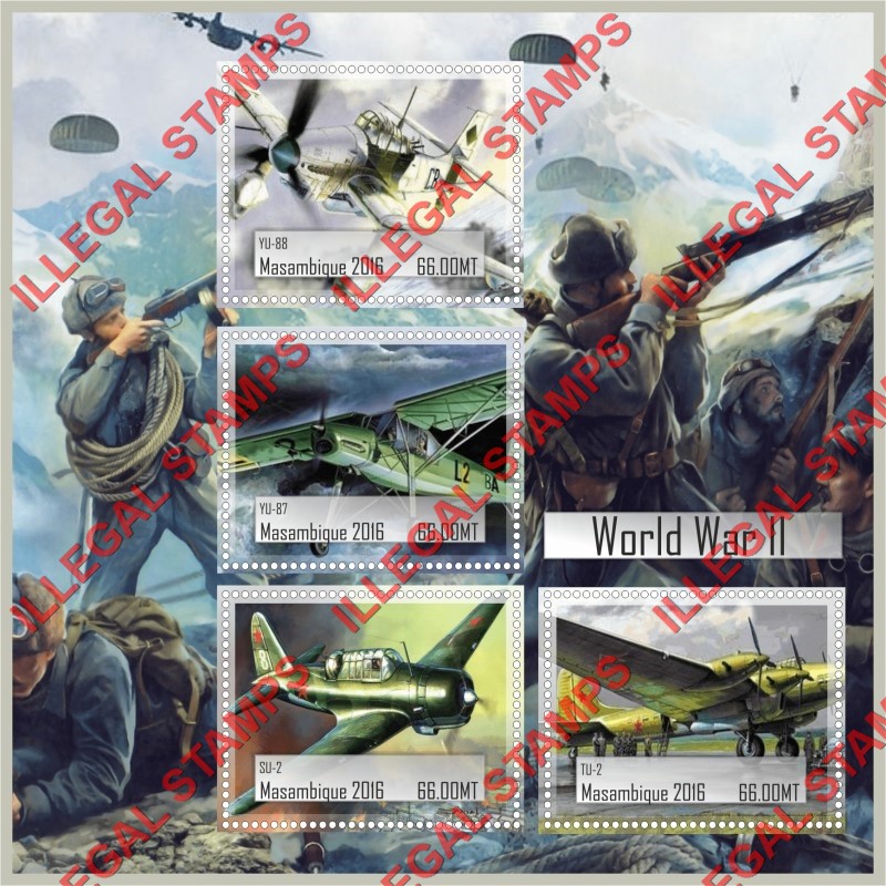 Mozambique 2016 World War II Aircraft Counterfeit Illegal Stamp Souvenir Sheet of 4 Mozambique 2016 World War II Aircraft Counterfeit Illegal Stamp Souvenir Sheet of 4