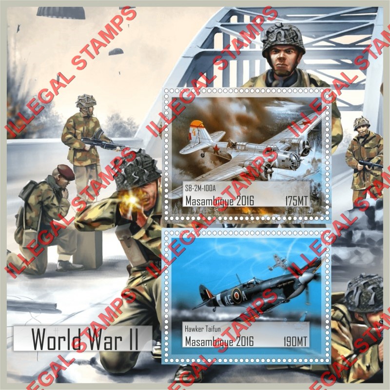 Mozambique 2016 World War II Aircraft Counterfeit Illegal Stamp Souvenir Sheet of 1 Mozambique 2016 World War II Aircraft Counterfeit Illegal Stamp Souvenir Sheet of 1