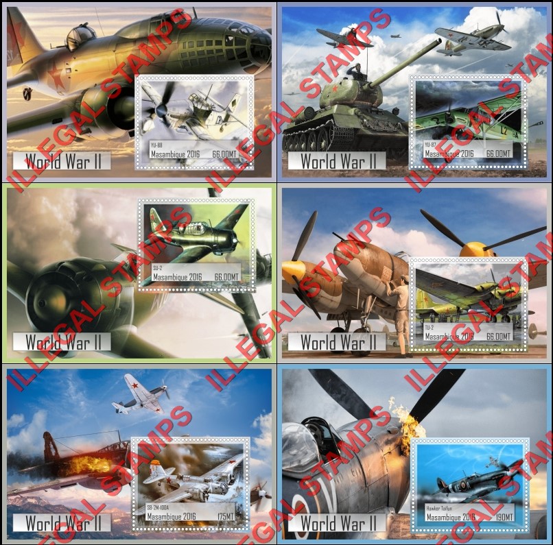 Mozambique 2016 World War II Aircraft Counterfeit Illegal Stamp Souvenir Sheets of 1 Mozambique 2016 World War II Aircraft Counterfeit Illegal Stamp Souvenir Sheets of 1