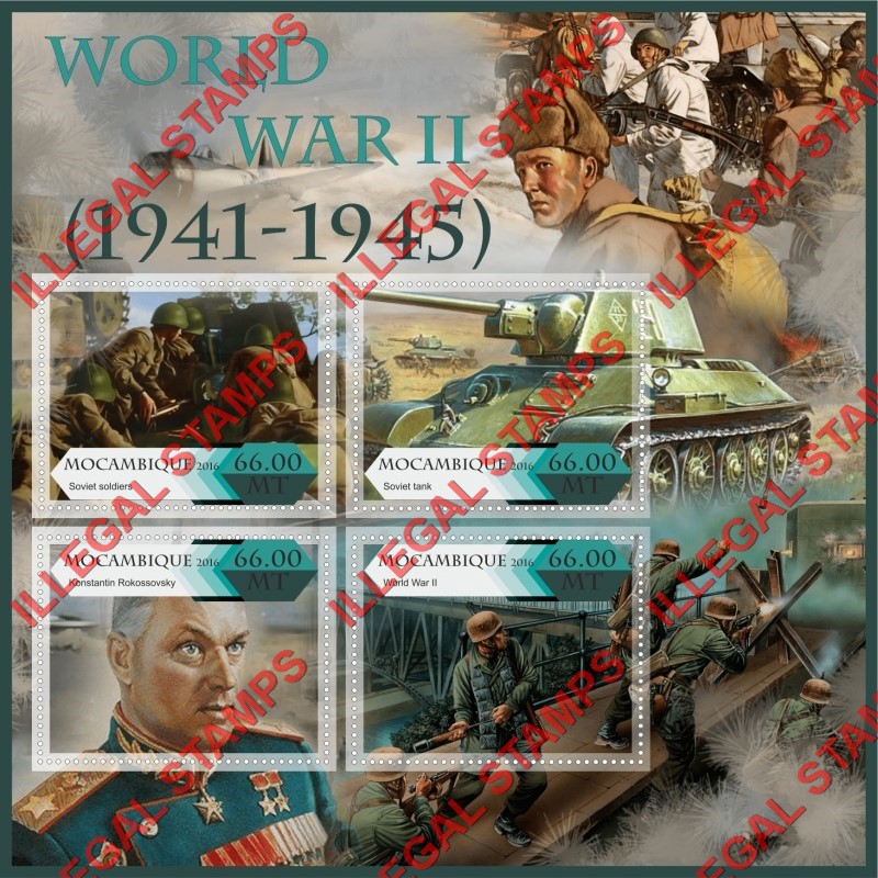 Mozambique 2016 World War II Counterfeit Illegal Stamp Souvenir Sheet of 4 Mozambique 2016 World War II Counterfeit Illegal Stamp Souvenir Sheet of 4