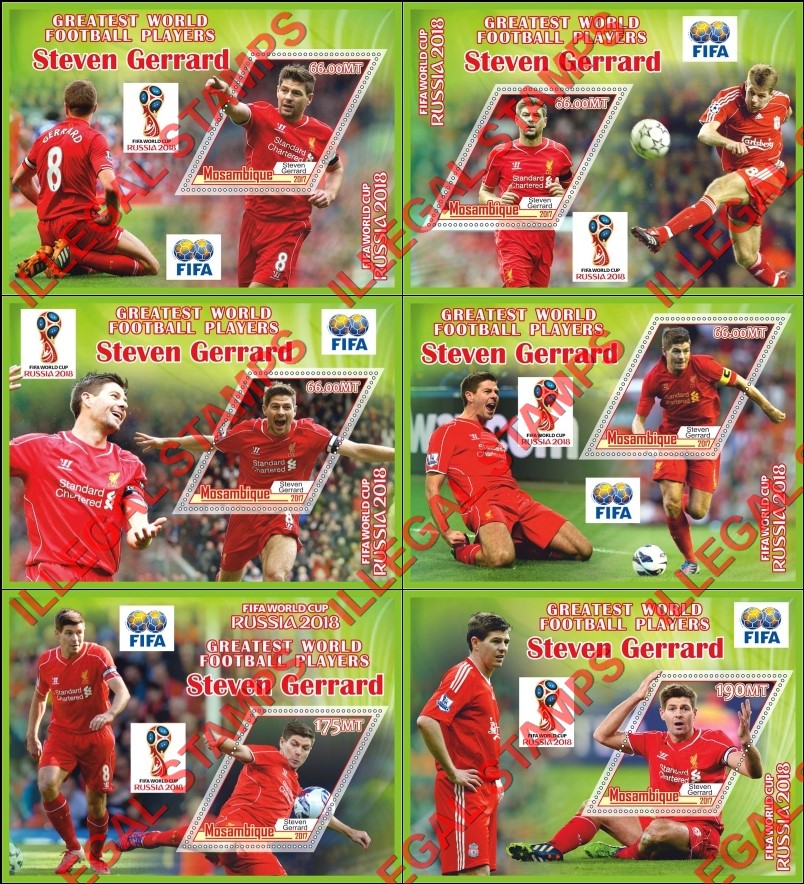  Mozambique 2017 FIFA World Cup Soccer in 2018 Football Players Steven Gerrard Counterfeit Illegal Stamp Souvenir Sheets of 1