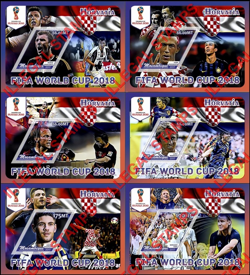  Mozambique 2017 FIFA World Cup Soccer in 2018 Horvatia Players Counterfeit Illegal Stamp Souvenir Sheets of 1
