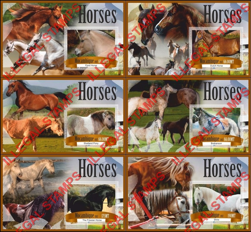 Mozambique 2017 Horses Counterfeit Illegal Stamp Souvenir Sheets of 1