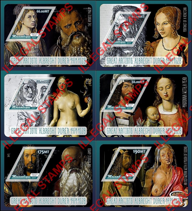  Mozambique 2017 Paintings by Albrecht Durer Counterfeit Illegal Stamp Souvenir Sheets of 1