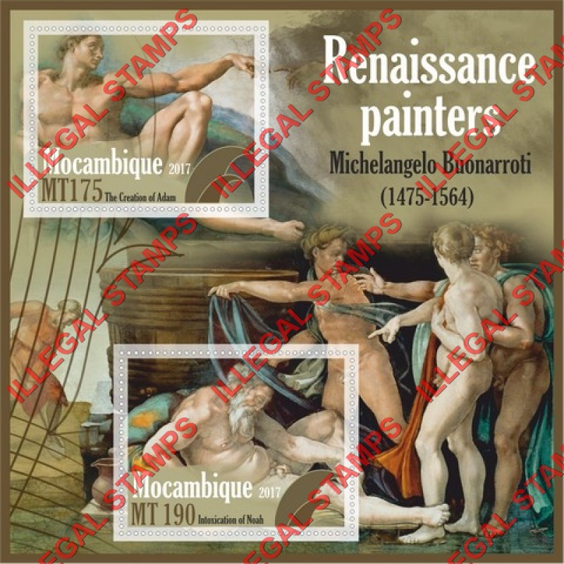  Mozambique 2017 Paintings by Michelangelo Buonarroti Counterfeit Illegal Stamp Souvenir Sheet of 2