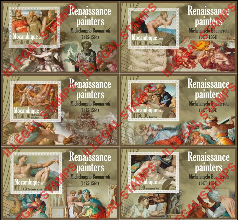  Mozambique 2017 Paintings by Michelangelo Buonarroti Counterfeit Illegal Stamp Souvenir Sheets of 1