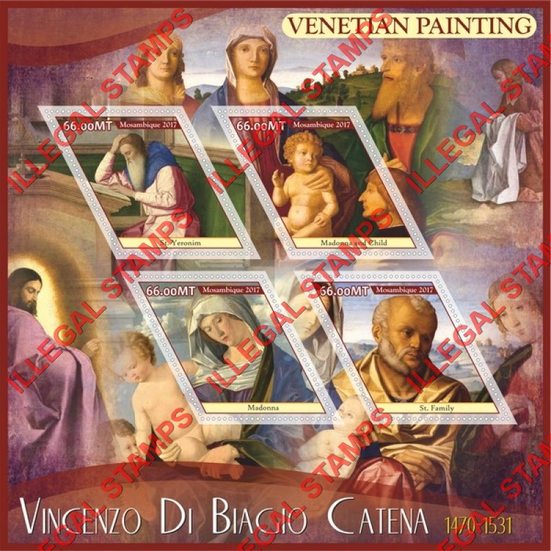  Mozambique 2017 Paintings by Vincenzo di Biagio Catena Counterfeit Illegal Stamp Souvenir Sheet of 4